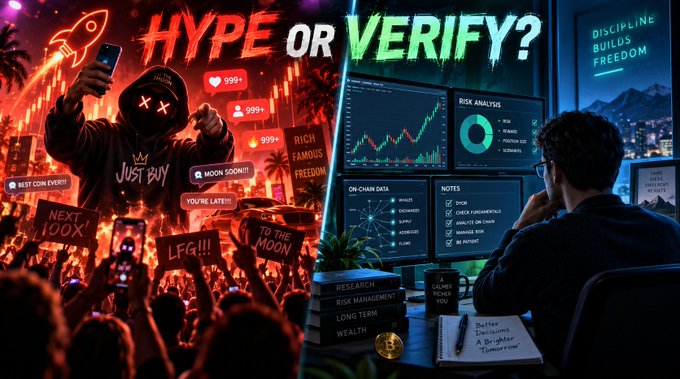 A split graphic titled 'HYPE OR VERIFY?' contrasting a hyped cryptocurrency rally scene (with phrases like 'MOON SOON', 'LFG', 'TO THE MOON', and 'RICH FAMOUS FREEDOM') against a disciplined trader analyzing charts and risk data with text reading 'DISCIPLINE BUILDS FREEDOM'.
