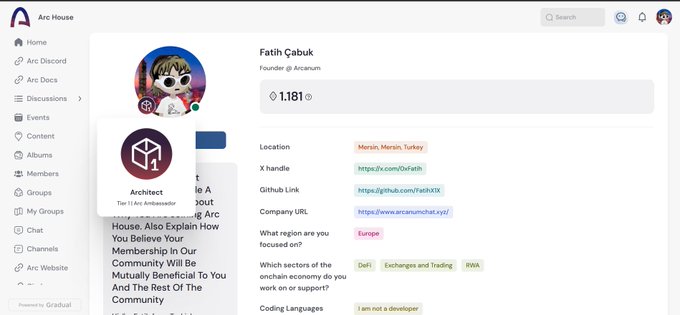 An Arc House profile page displays user Fatih Cabuk, Founder @ Arcanum, with location Mersin, Turkey, X handle, GitHub link, Company URL, and tags for 'Europe', 'Exchanges and Trading', 'RWA', and 'I am not a developer'.
