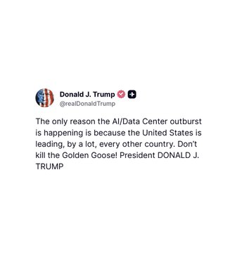 The image shows a Truth Social post from Donald J. Trump (@realDonaldTrump) stating that the AI/Data Center backlash is occurring because the United States is significantly ahead of other countries, urging people not to "kill the Golden Goose! President DONALD J. TRUMP." This aligns with the accompanying post, which highlights Trump's defense of American dominance in the AI and data center sectors.