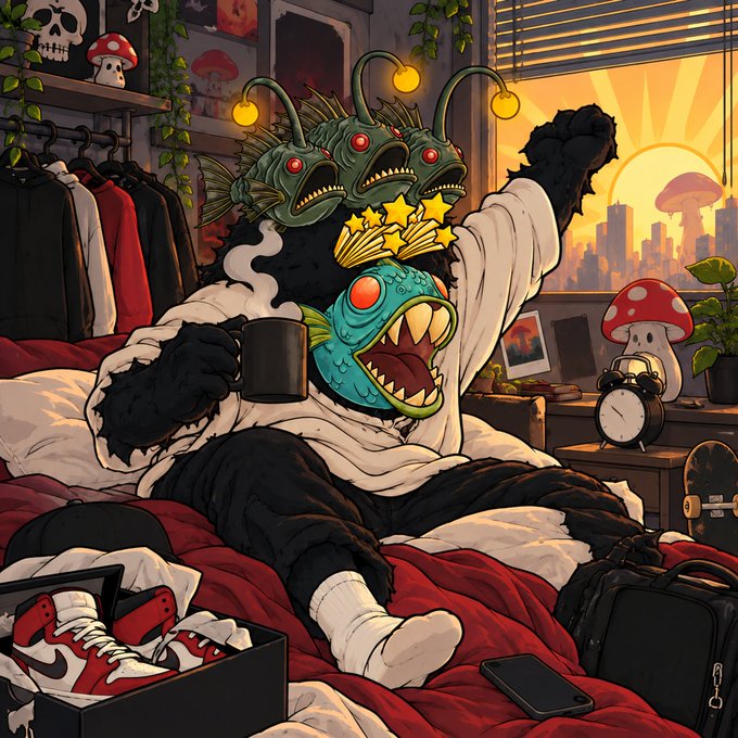 An illustration shows a black furry creature wearing multiple anglerfish masks and a white shirt, sitting on a bed while holding a coffee mug in a cluttered bedroom with sneakers and a smartphone.