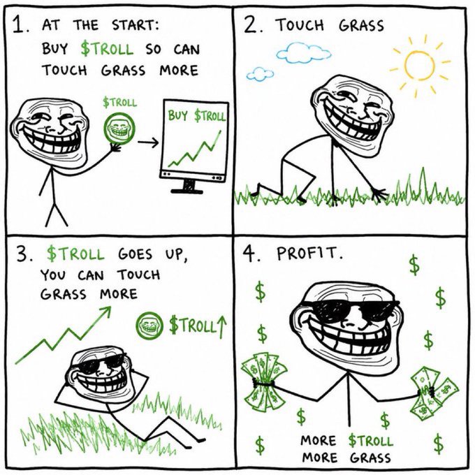 A four-panel comic featuring the Trollface meme illustrating how buying '$TROLL' allows the character to 'touch grass,' profit, and 'touch grass more.'