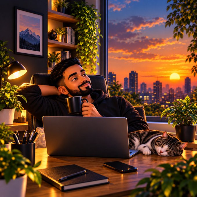 A digital illustration of a bearded man with a coffee mug leaning back in a chair by a laptop, with a sleeping tabby cat beside him and a sunset cityscape through the window.
