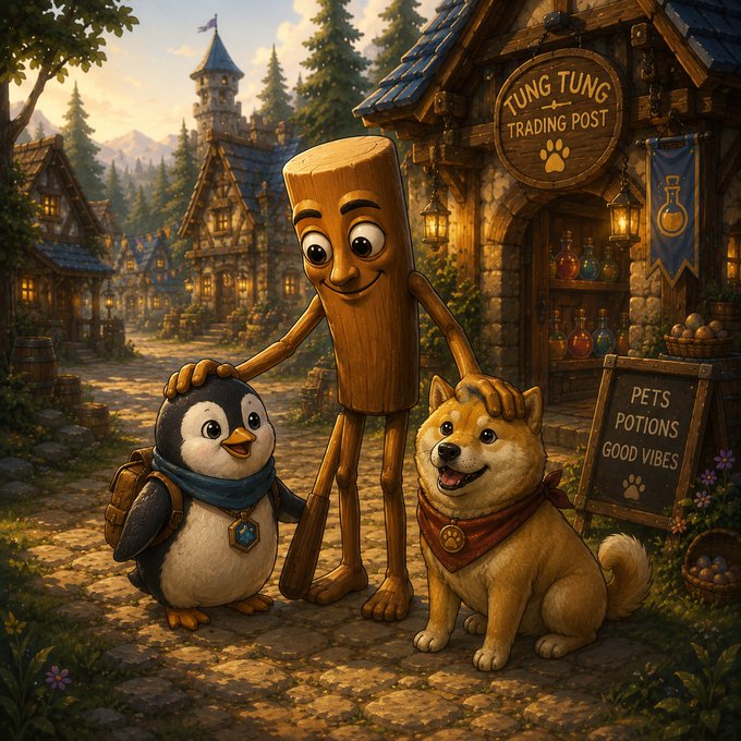 The image features a cartoon penguin standing next to two dogs outside of a store called "Tung Tung Trading Post" with a sign that says "Pets, Good Vibes". The penguin has a backpack on its back, while one dog is wearing a red bandana and the other dog is wearing a blue bandana. They are all gathered in front of the store, possibly waiting for someone or just enjoying each other's company.