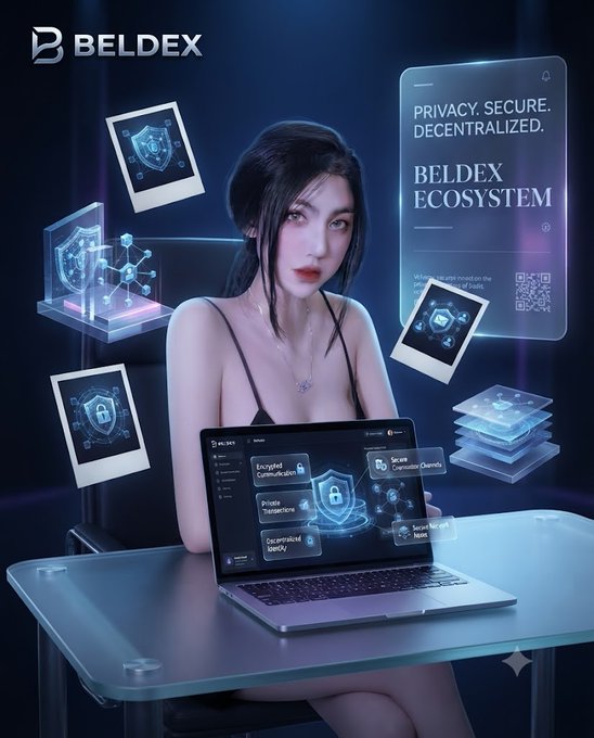 An advertisement for the Beldex Ecosystem features a woman seated at a desk with a laptop, surrounded by floating graphics highlighting 'Privacy. Secure. Decentralized.'