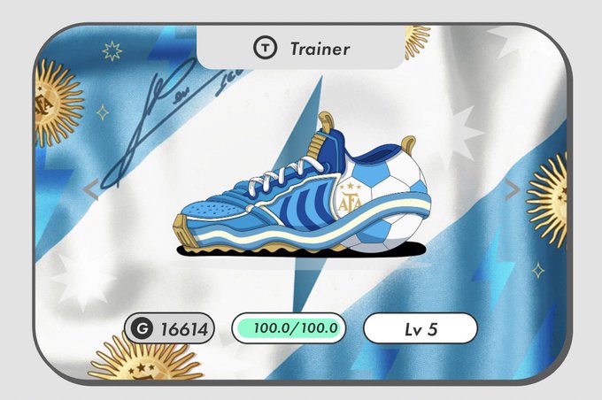 A digital interface displays a blue and white Argentina-themed sneaker resting on a soccer ball, labeled 'Trainer' with stats 'G 16614', '100.0/100.0', and 'Lv 5' over an Argentinian flag background.
