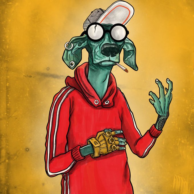 A green-skinned anthropomorphic dog character with round glasses, a backwards cap, and a cigarette wears a red tracksuit while sporting a gold mechanical glove. The illustration aligns with the post as the user's PFP from the @FunkariNft community, showcasing the stylized artwork of one of the project's unique collector avatars.