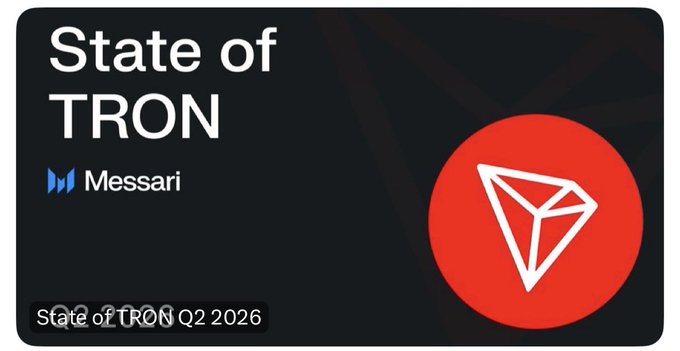 The image shows a "State of TRON" report banner by Messari featuring the red TRON logo, with the text "State of TRON Q2 2026" at the bottom. The banner relates to the post by highlighting TRON's Q2 2026 performance, specifically its record-breaking $89.2 billion stablecoin market capitalization that demonstrates its leading position in the stablecoin sector.