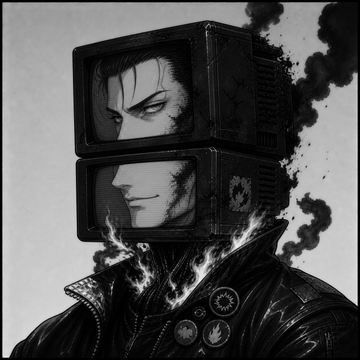 A dark, monochromatic digital illustration depicts a figure wearing a jacket with two stacked vintage television screens for a head, each displaying part of a face with an intense expression.