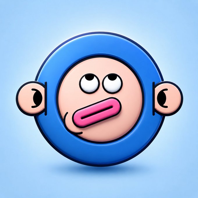 A 3D-rendered blue character with a pink mouth and large ears stares upward against a light blue background.
