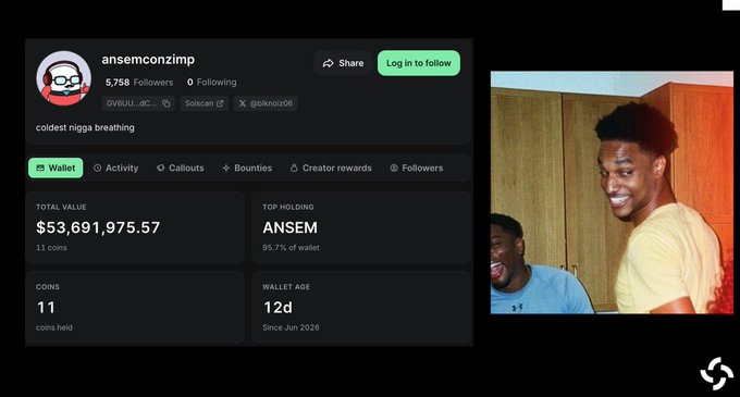 The image shows a profile page for "ansemconzimp" with 5,758 followers, displaying a total wallet value of $53,691,975.57, with "ANSEM" as the top holding at 85.7% of the wallet. To the right is a photo of a smiling young man, illustrating the post's update that @blknoiz06's public wallet has surpassed $50 million.