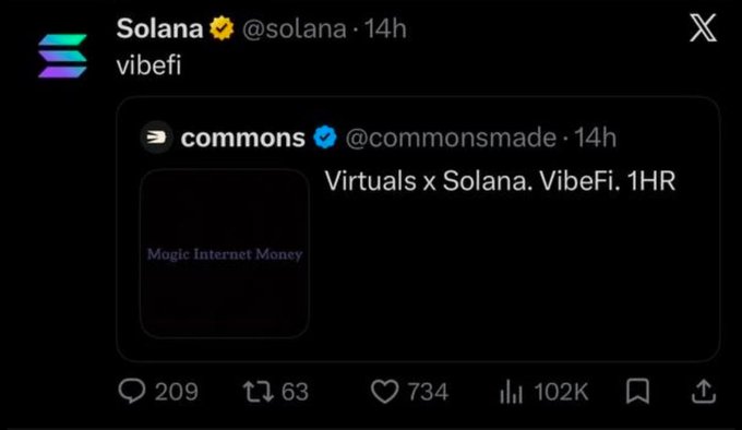 A tweet from Solana (@solana) replying 'vibefi' to a post by commons (@commonsmade) about 'Virtuals x Solana. VibeFi. 1HR', showing engagement metrics like 734 likes and 102K views.
