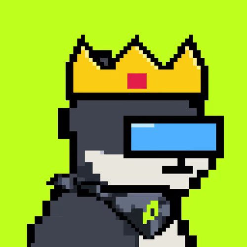 Pixel art of a gray crowned character with a blue futuristic visor and a green gem on its chest against a bright green background.