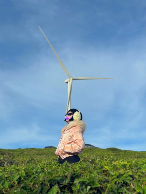 The image features a young girl standing in front of a wind turbine, wearing a pink coat and black pants. She has her head tilted back as she looks up at the large white windmill with two blades. The background shows a field filled with green plants, which adds to the overall atmosphere of the scene. The caption "crypto twitter hates lazy people who fomo" seems unrelated to the image but could be interpreted as a commentary on how some people might view the girl and her actions in the photo.