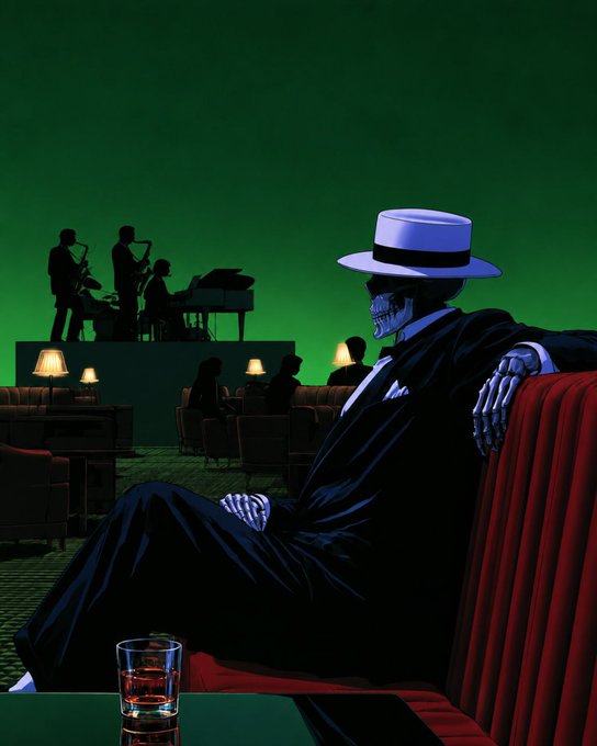 A skeletal figure in a fedora and suit relaxes on a red couch in a dimly lit lounge, with silhouettes of a jazz trio performing in the background against a moody green wall. The image evokes a noir atmosphere of shadowy secrecy and centralized systems being observed, mirroring the post's reflection on how true privacy requires more than surface-level encryption—it demands moving beyond trust in centralized networks.