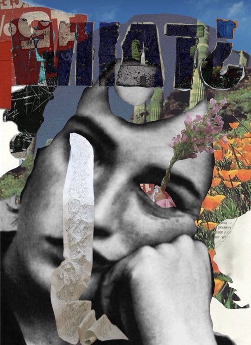A black-and-white photographic portrait of a pensive figure with clasped hands is overlaid with colorful cut-out text reading "INSIDE" and collaged with imagery of flowers, poppies, and torn paper scraps, visually expressing the artwork's title "The Noise Inside." The single-edition piece (1/1) sold for 0.11 ETH on Transient Labs reflects the introspective, fragmented nature suggested by the post.