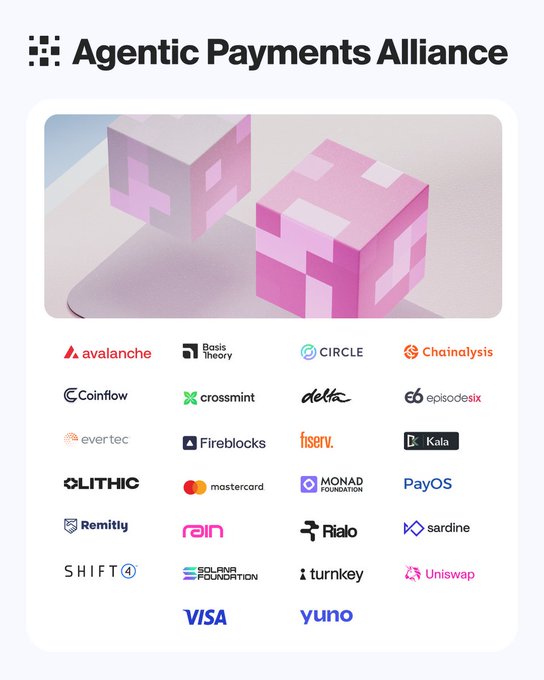 A promotional graphic for the 'Agentic Payments Alliance' featuring pink pixelated cube graphics and member logos including Avalanche, Mastercard, Visa, Coinbase, Uniswap, and others.