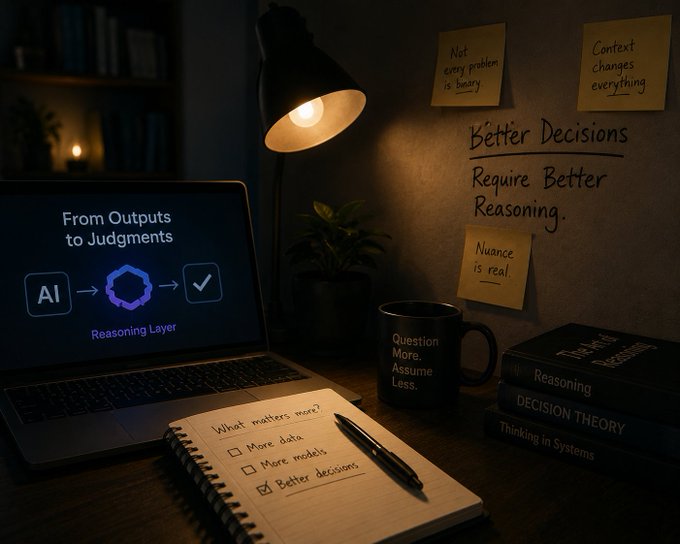 A dimly lit desk features a laptop displaying "From Outputs to Judgments" with an AI → Reasoning Layer → checkmark diagram, alongside a notebook checking "Better decisions" over "More data" and "More models," with sticky notes reading "Not every problem is binary," "Context changes everything," and "Nuance is real," reinforcing the post's theme that technology must move beyond binary outputs to handle real-world decision complexity, as championed by @GenLayer.