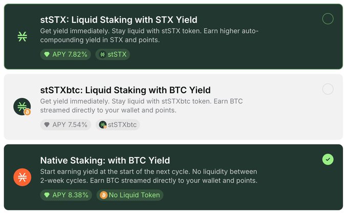 The image shows a StackingDao staking options menu with three choices: stSTX (APY 7.82%), stSTXbtc (APY 7.54%), and Native Staking with BTC Yield (APY 8.38%, selected), highlighting the liquid staking and BTC yield alternatives referenced in the post about re-staking STX for BTC rewards.