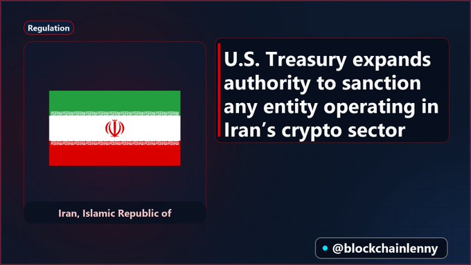 A news graphic with the Iranian flag and text reading "U.S. Treasury expands authority to sanction any entity operating in Iran's crypto sector", tagged "Regulation" and credited to "@blockchainlenny".