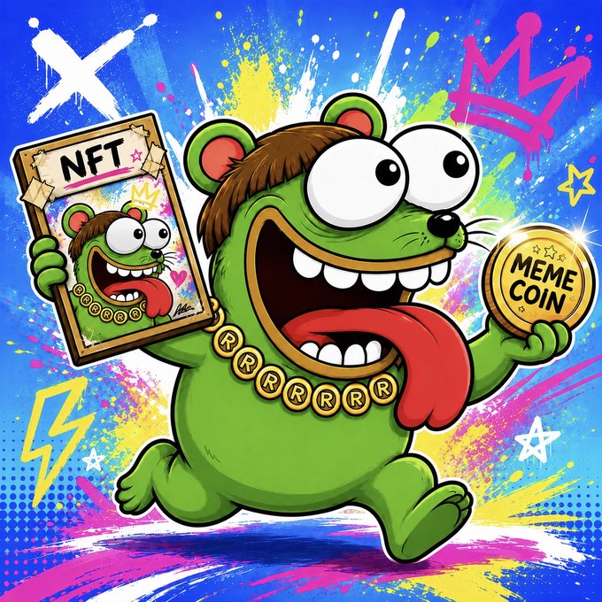 A colorful cartoon illustration of a green creature holding a picture labeled 'NFT' and a gold coin reading 'MEME COIN' against a painted, graffiti-style background.