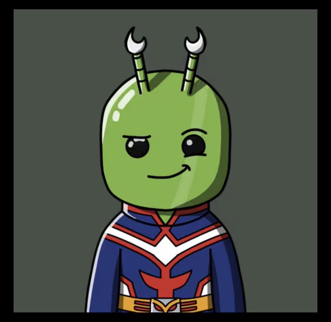 A cartoon character with a green oval head, antennae, and a friendly smile wearing a blue, red, and white superhero costume.