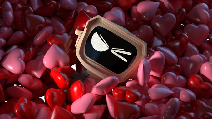 A 3D-rendered smartwatch with a stylized angry face rests in a pile of glossy red and pink heart shapes.