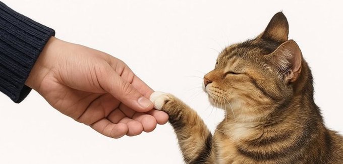 A tabby cat with its eyes closed gently touches its paw to a person's outstretched hand against a white background.