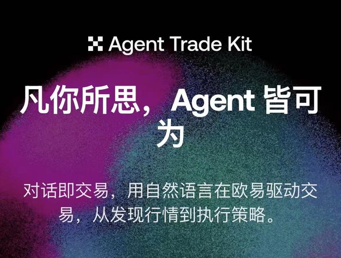 Promotional graphic for 'Agent Trade Kit' with Chinese text '凡你所思，Agent 皆可为' (Whatever you think, Agent can do it), describing natural language-driven trading from market discovery to strategy execution.