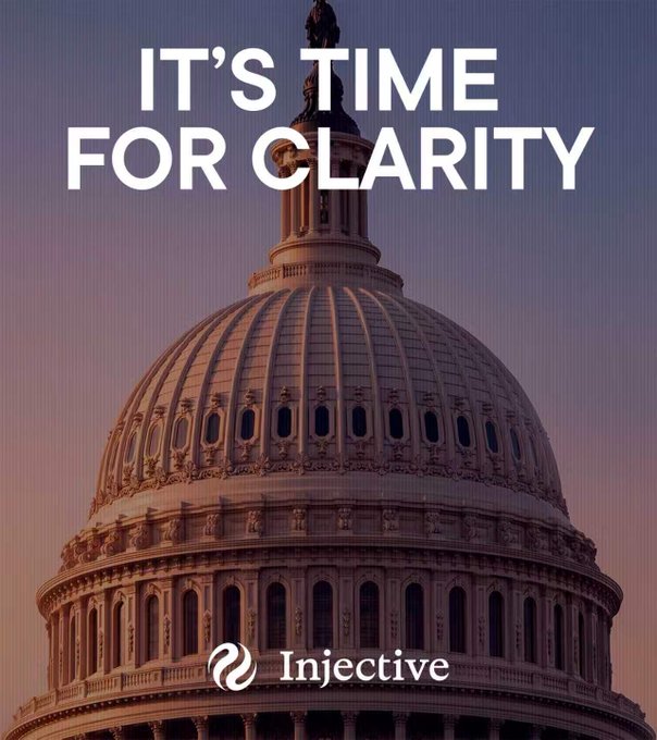 An image showing the U.S. Capitol dome at sunset with the text "IT'S TIME FOR CLARITY" overlaid and the Injective logo at the bottom, tying into the upcoming CLARITY Act vote that could shape crypto regulation in America.