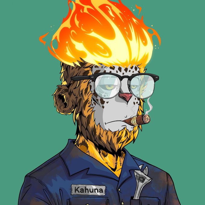 An illustrated anthropomorphic cheetah character with a fiery head of flames, wearing glasses, smoking a cigar, and dressed in a blue jumpsuit with a 'Kahuna' name tag.