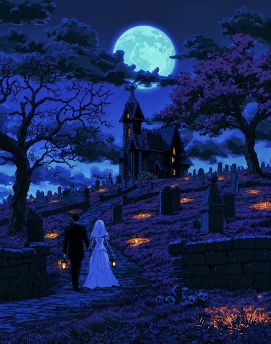A Halloween-themed pixel art illustration showing a bride and groom holding hands with lanterns, walking through a dark graveyard toward a haunted house under a large full moon, surrounded by purple trees and glowing jack-o'-lanterns.