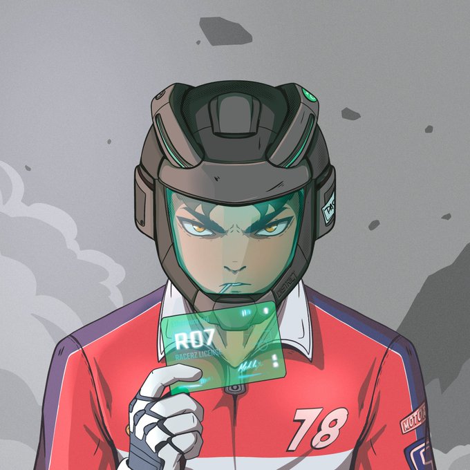 An anime-style illustration features a stern character wearing a futuristic helmet and a red and white jacket with '78' and 'MOTUL' visible, holding up a holographic green ID card that reads 'R07 TRACERZ INC'.