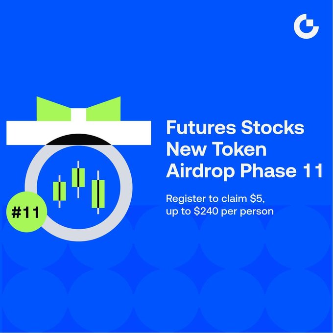 A blue promotional graphic for Gate.io's "Futures Stocks New Token Airdrop Phase 11" features a gift box icon with candlestick charts inside, marked with "#11," advertising a $5 signup bonus and up to $240 per person. The image visually represents the airdrop event described in the post, with the gift box and #11 tag reinforcing the "Airdrop Vol. 11" theme and the financial chart elements hinting at the stock futures trading promotion.