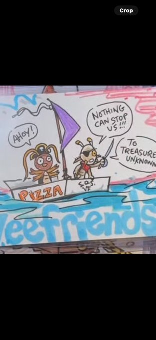 A child's crayon drawing on a whiteboard depicting a pizza boat with cartoon characters sailing towards 'TREASURE UNKNOWN', with speech bubbles reading 'AHOY!' and 'NOTHING CAN STOP US!!!', above the partially visible text 'TreeFriends'.