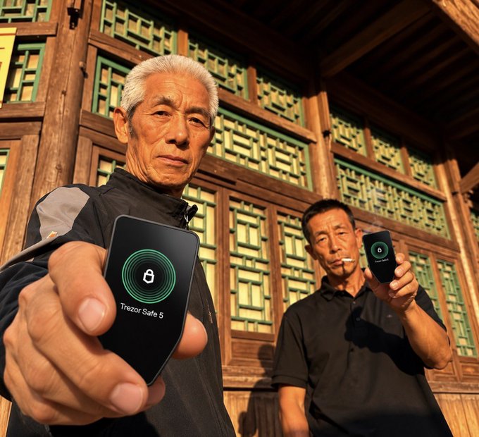 Two men display Trezor hardware wallets outside a traditional wooden building, with the foreground device labeled “Trezor Safe 5.” The image reinforces the post’s message by presenting the wallets as a self-reliant alternative to trusting centralized crypto exchanges.