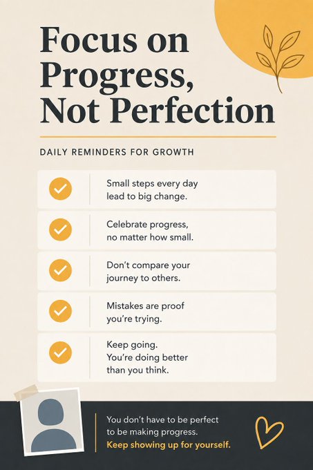A motivational infographic titled 'Focus on Progress, Not Perfection' with a subtitle 'DAILY REMINDERS FOR GROWTH' lists five checkmarked tips for self-improvement.