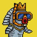A pixel art character resembling a scuba diver wearing a yellow helmet, red goggles, and a breathing apparatus.