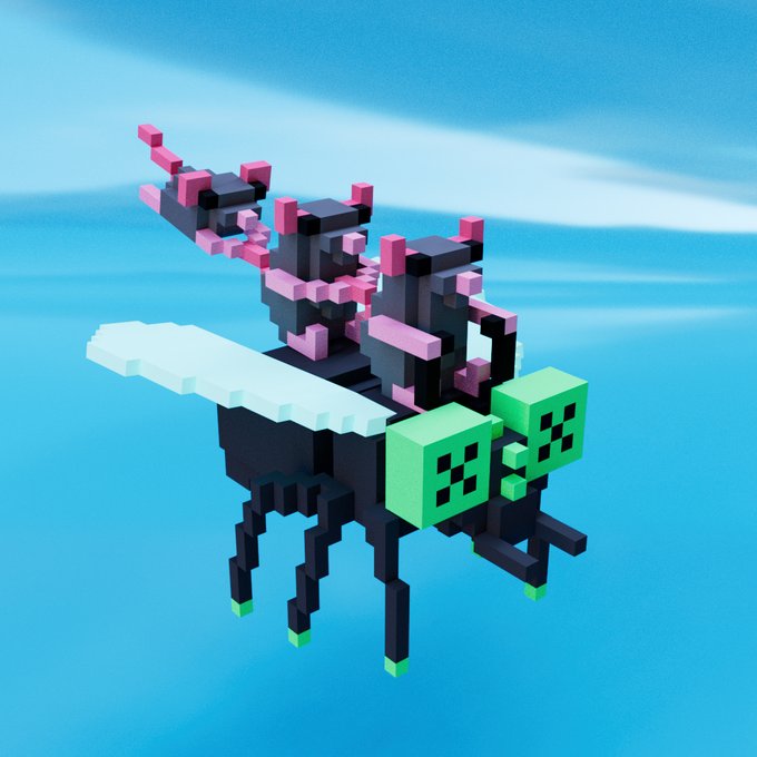 A voxel-style 3D render shows three pink and black pixelated creatures riding a dark, insect-like mount with green cube-shaped heads against a bright blue sky.