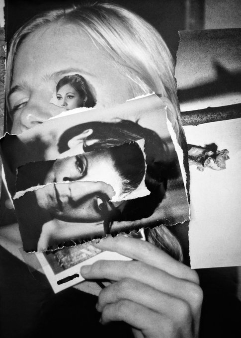A black and white collage artwork featuring torn photographs that create a layered, fragmented composition of faces.