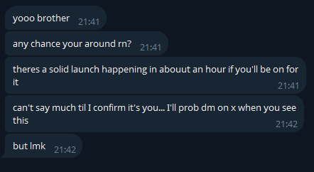 A dark-mode chat conversation where someone invites their brother to a token launch happening in an hour, teasing that they'll DM on X with a link, and ends with 'but lmk'.