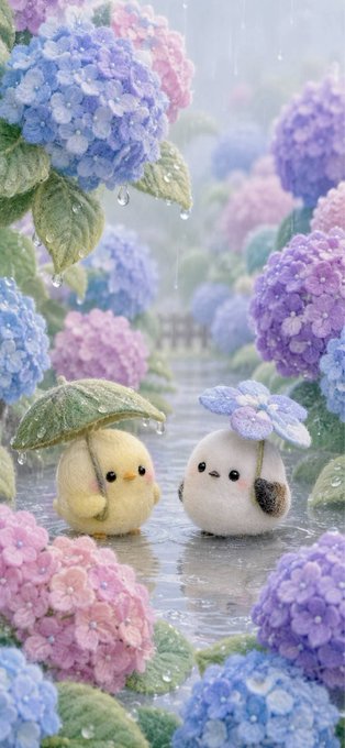 Two adorable round chick-like characters, one yellow holding a green leaf umbrella and one white holding a purple flower umbrella, stand together on a wet path surrounded by lush blue and pink hydrangea bushes in the rain.