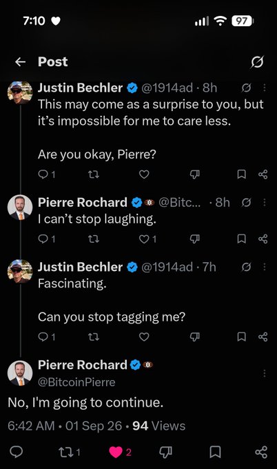The image shows an X (Twitter) post by Justin Bechler (@1914ad) asking user Pierre Rochard (@BitcoinPierre) if he's okay and to stop tagging him, to which Rochard responds "No, I'm going to continue." The exchange humorously illustrates the poster's view of BitcoinPierre as the "Ted Lasso of the Bitcoin world"—endlessly upbeat and persistent despite pushback—which is why the poster refuses to delete the app.