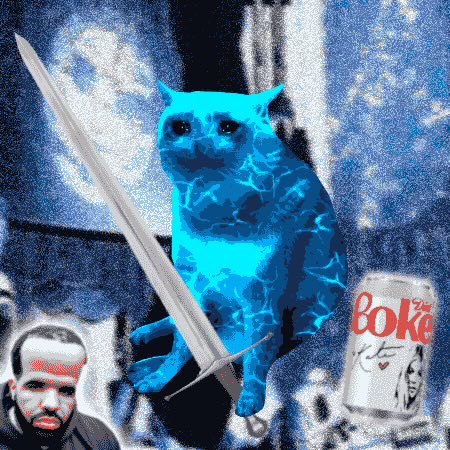 A surreal edited image featuring a blue cat holding a large sword, with a distorted face in the bottom left and a Boke beer can on the right.