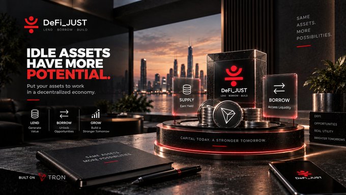 A promotional banner for 'DeFi_JUST' DeFi protocol built on TRON, featuring the tagline 'IDLE ASSETS HAVE MORE POTENTIAL' and showcasing LEND, BORROW, and GROW features against a city skyline backdrop.