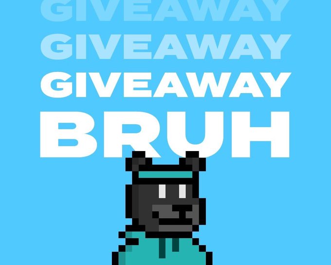 A pixel art black bear character with a blue headband appears on a light blue background, below the repeated text "GIVEAWAY" and the bold title "BRUH," promoting a giveaway for Bruh Bears NFT collection with 3 GTD and 5 FCFS spots.
