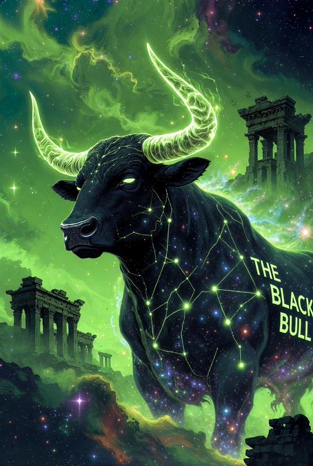 A fantasy digital artwork of a cosmic black bull with glowing green horns, star-filled body, and constellation markings, labeled 'THE BLACK BULL', set against a green nebula background with ancient ruins.