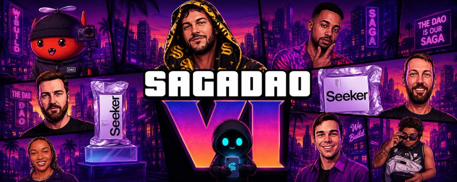 Promotional artwork for 'SAGADAO' features cartoon and illustrated portraits of various individuals alongside NFT-style Seeker trophies against a purple city skyline background.