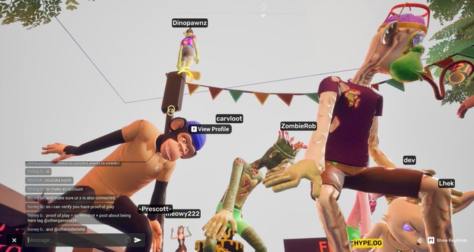 Screenshot of a virtual world game featuring multiple avatars with usernames like Dinopawnz, carvioot, ZombieRob, and Lhek, with a chat box visible on the left side.