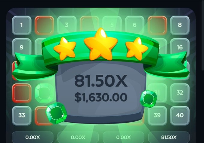 The image shows a casino/gambling game result screen displaying a "81.50X" multiplier with a payout of "$1,630.00," surrounded by three gold stars and green gems, with the 81.50X tile highlighted at the bottom among other 0.00X tiles. This corresponds to the social media post celebrating a "morning dookie keno hit" on Gamdom, where a $50 deposit in SOL turned into a significant win.