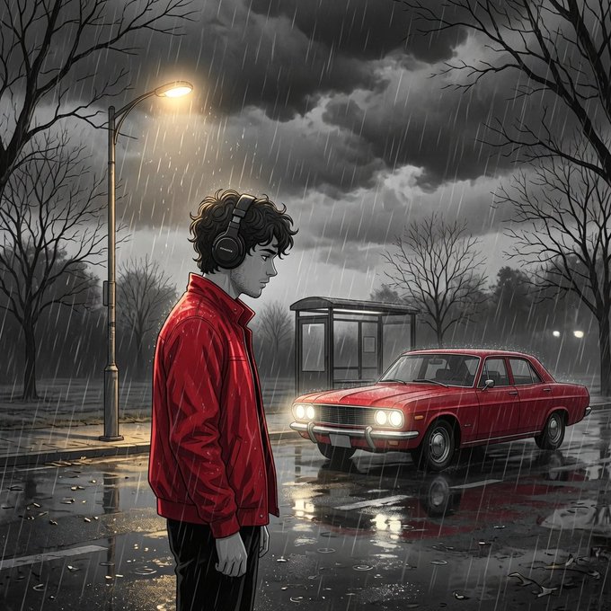 A young man in a red jacket wearing headphones stands pensively in a rainy, desolate street under a single streetlight, while a classic red car idles behind him near a bus stop. The melancholic, isolated atmosphere evokes a sense of restless late-night solitude — visually echoing the post's theme about the untapped, gamified potential of sleep for those who struggle to find rest.